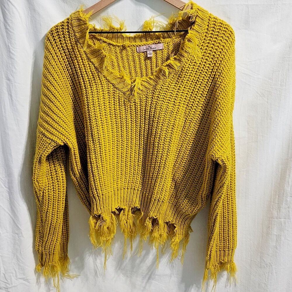 Love Tree Mustard Yellow V-neck Pullover Distressed Fringe Cropped Sweater Large
